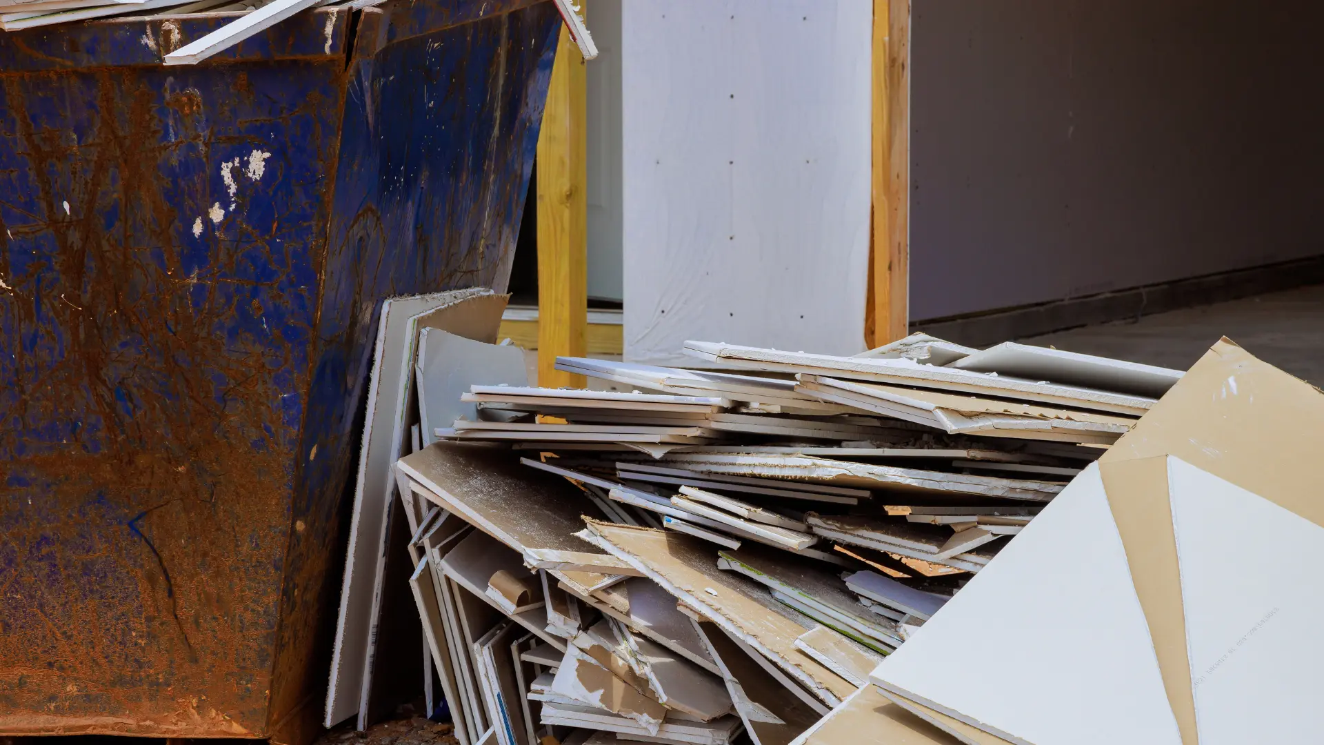 Broken plasterboard sheets awaiting plasterboard collection in Dorset