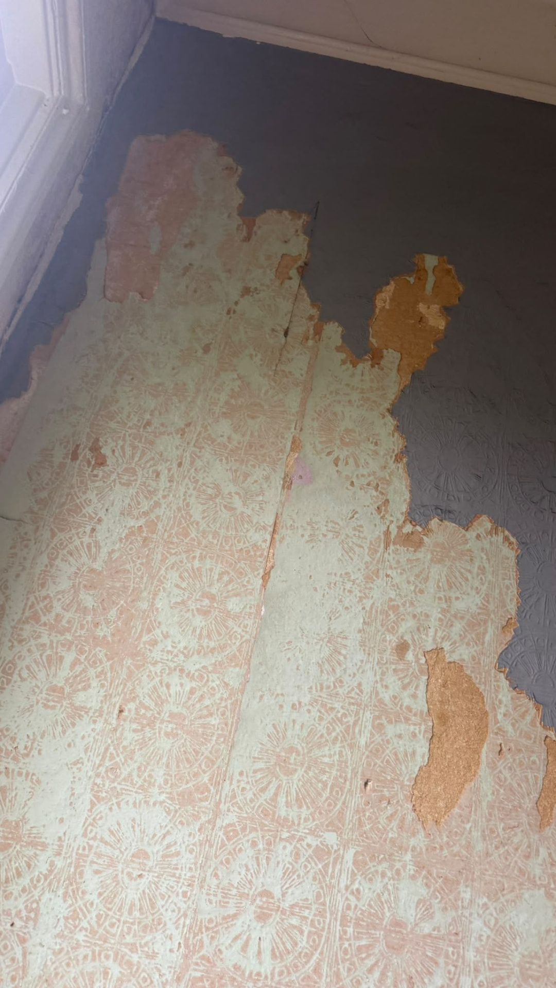 Old wallpaper layers being stripped during an internal strip-out in Wimborne, Dorset
